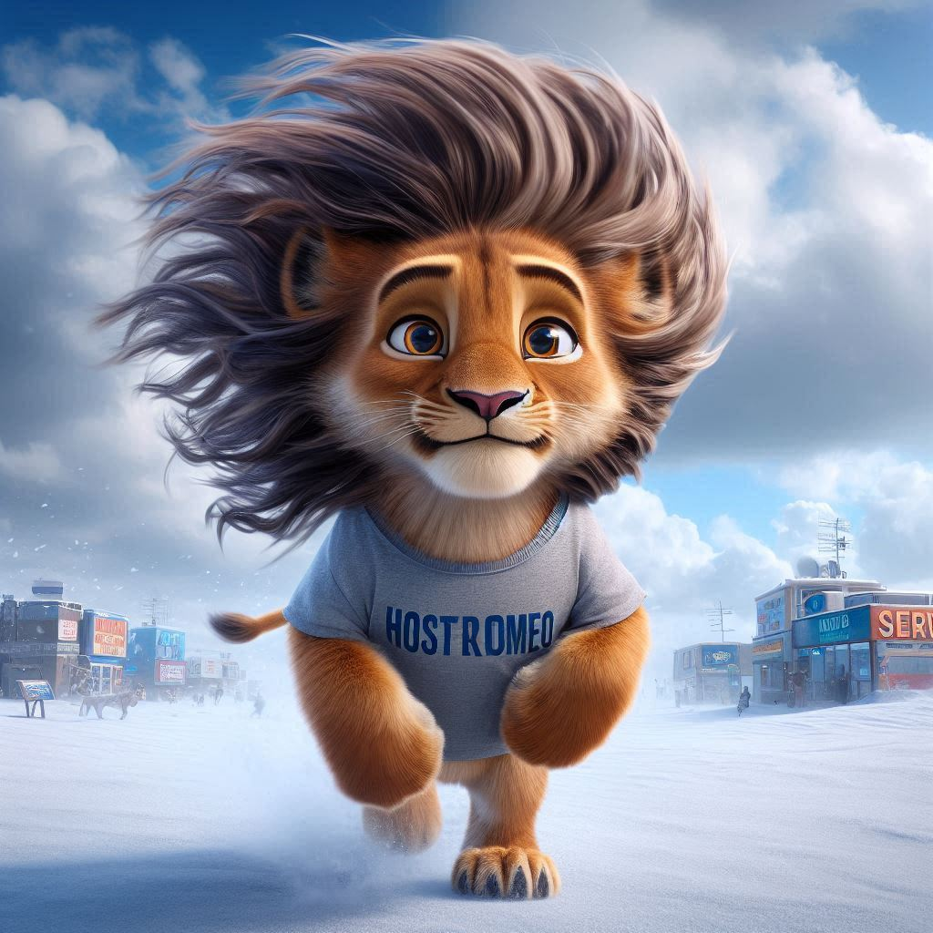 cub lion wearing t-shirt name 'HostRomeo' and playing like Alex in Madagascar movie... hair f